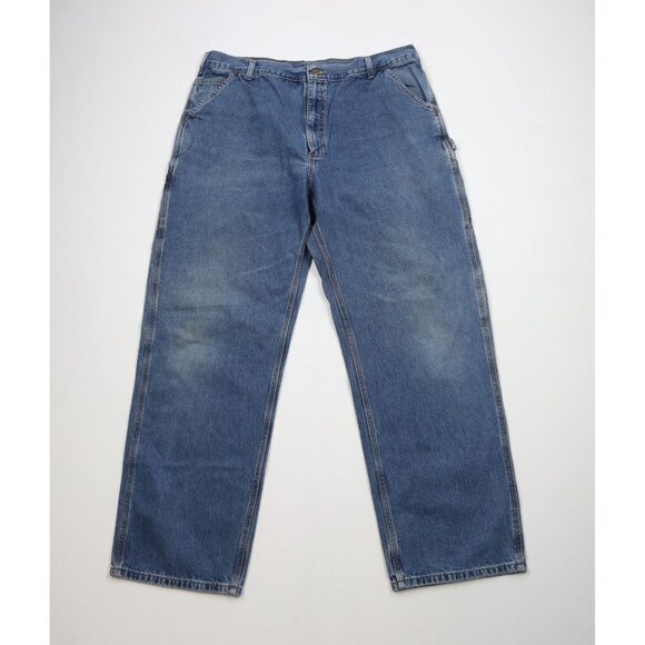 Vintage Carhartt Mens 38x32 Faded Spell Out Wide Leg Dungaree Denim Jeans Blue